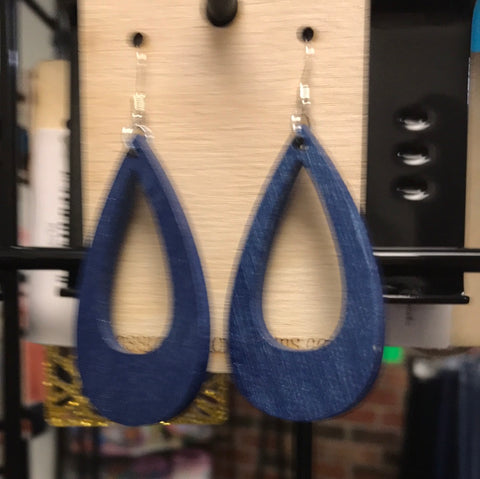 Offset Teardrop Wood Hoop Earrings-Blue