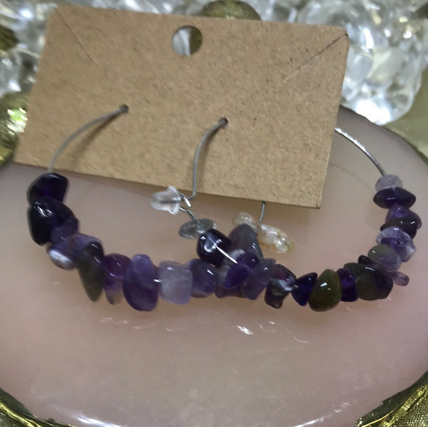 Hoop Style Earrings-Silver w/Purple Rocks