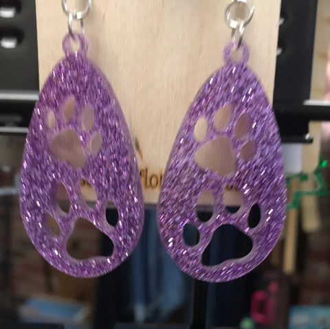Teardrop Paw #2 Earrings-Purple Glitter