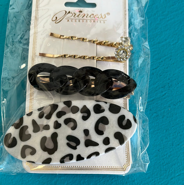Leopard Clip and Studded Bobbie Pin Set