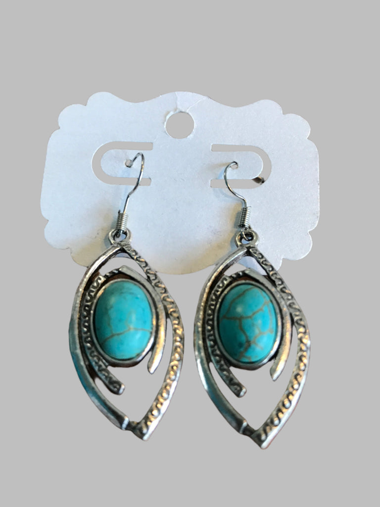Aztec Teardrop Silver Earrings w/stone-turquoise