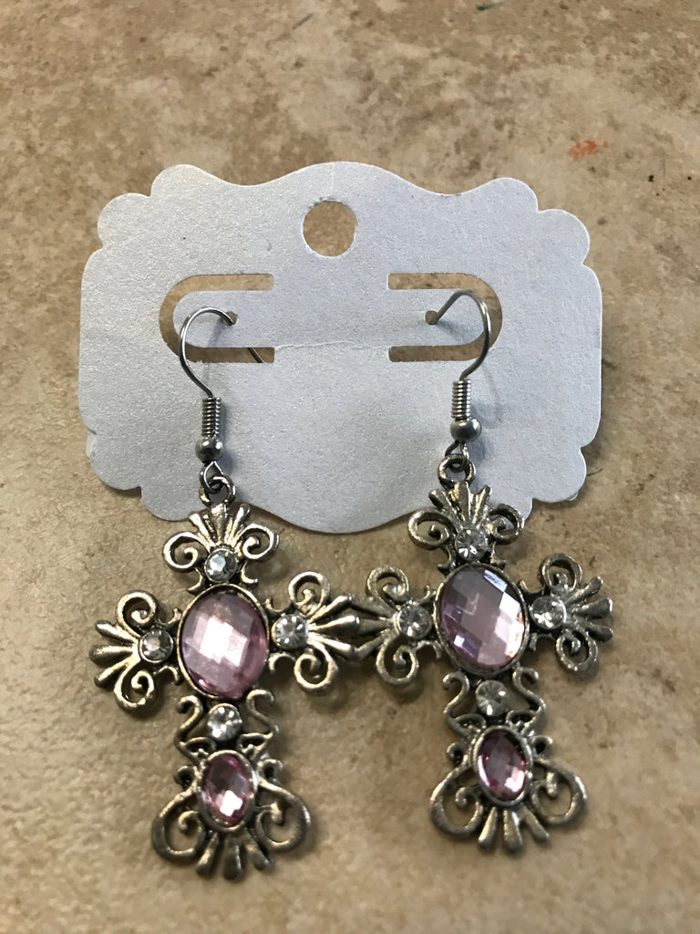 Silver Cross Earrings w/pink stone OhhMy! Gifts and Things, LLC
