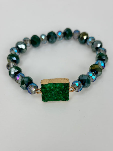 Agate Stone Bracelets-Emerald green/gold trim stone bluish beads