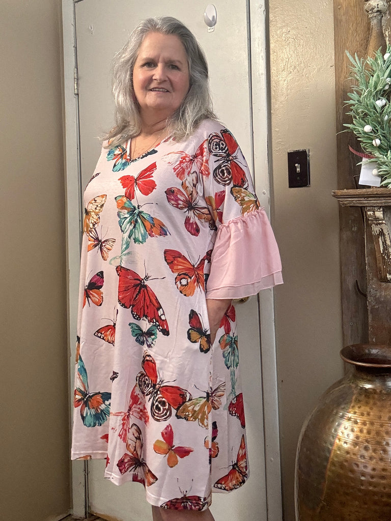 Multi color butterfly prints women dress with pink ruffle short sleeves
