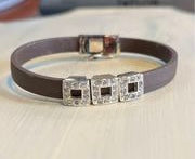 3 Silver Sparkling Square Crystal Charms on Dark Brown
Silicone Bracelet 925 Sterling