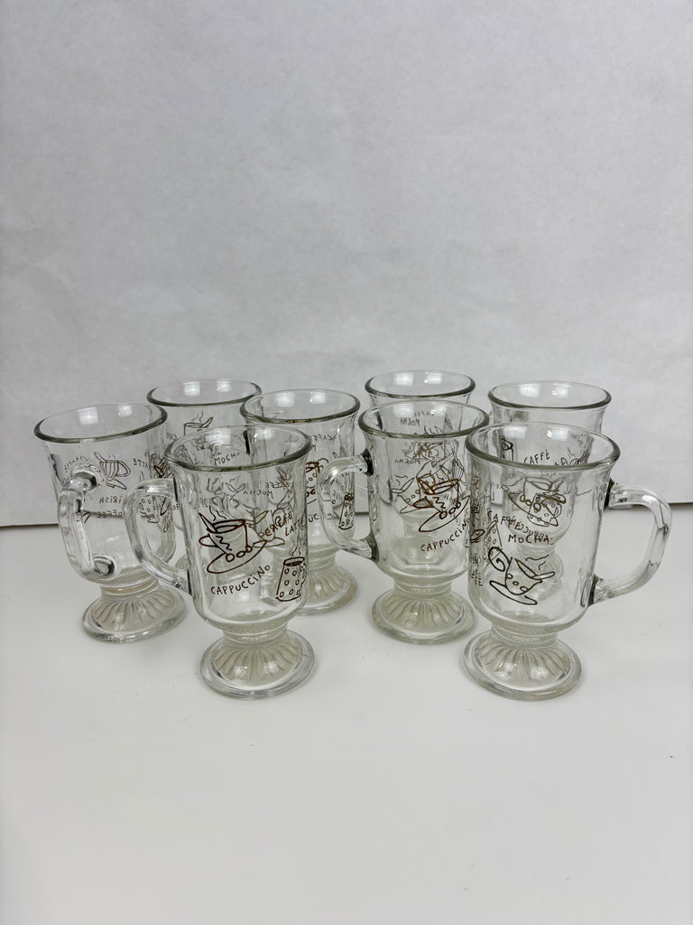 Set of 2-Anchor Hocking Irish Coffee Latte Footed Pedestal Clear Glass Mugs with gold lettering