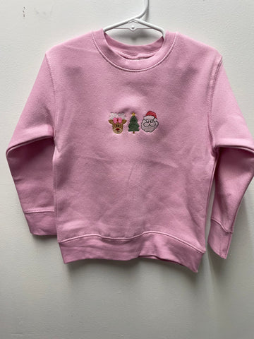Girls Christmas Sweatshirt w/embroidery deer/tree/Santa-Pink
