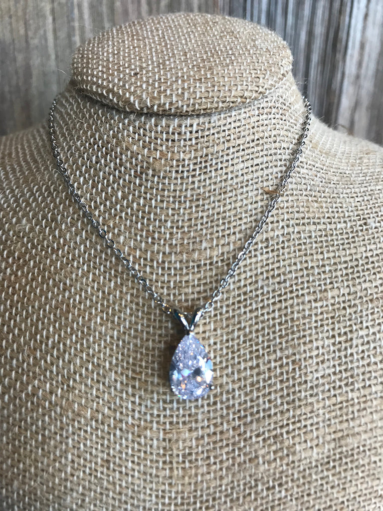 Silver Plated Diamond Tear Drop Necklace