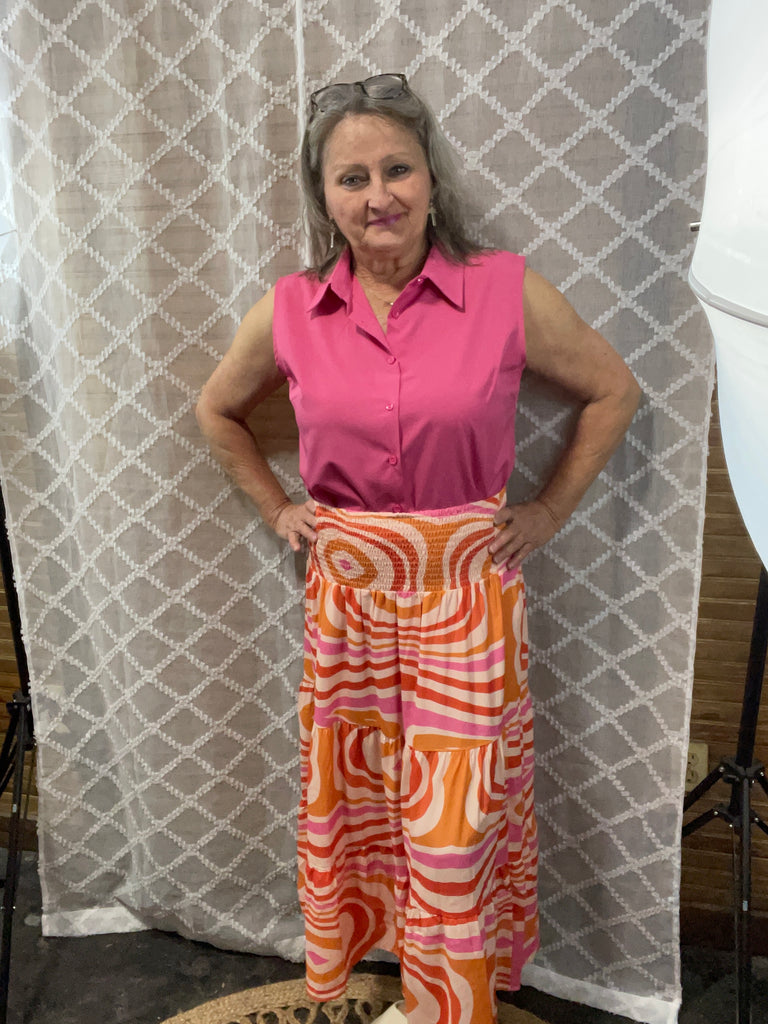 Grace & Emma Wide Elastic Waist Orange Brown Midi Skirt