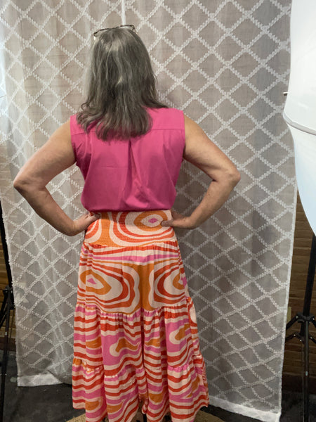 Grace & Emma Wide Elastic Waist Orange Brown Midi Skirt