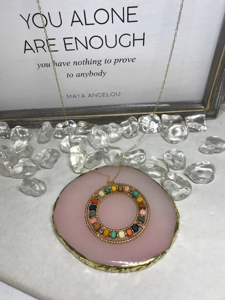 29" Gold w/Wood Bead Round Pendant Necklace w/3"extension OhhMy! Gifts and Things, LLC