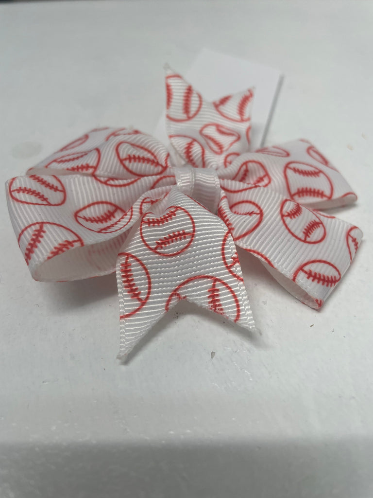 Small White baseball Hair Bow w/red ball