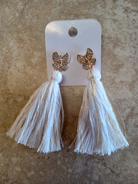 Studded Butterfly Earrings w/Fringe/white