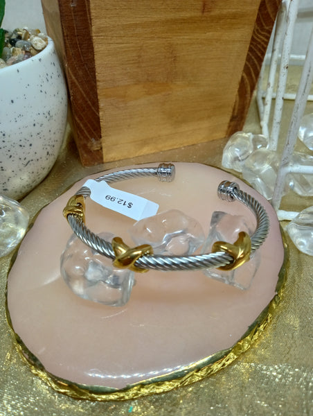 Silver w/3 Gold X Bangle Bracelet