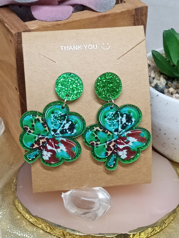 St. Patty's Day Earrings-Cowprint Clover