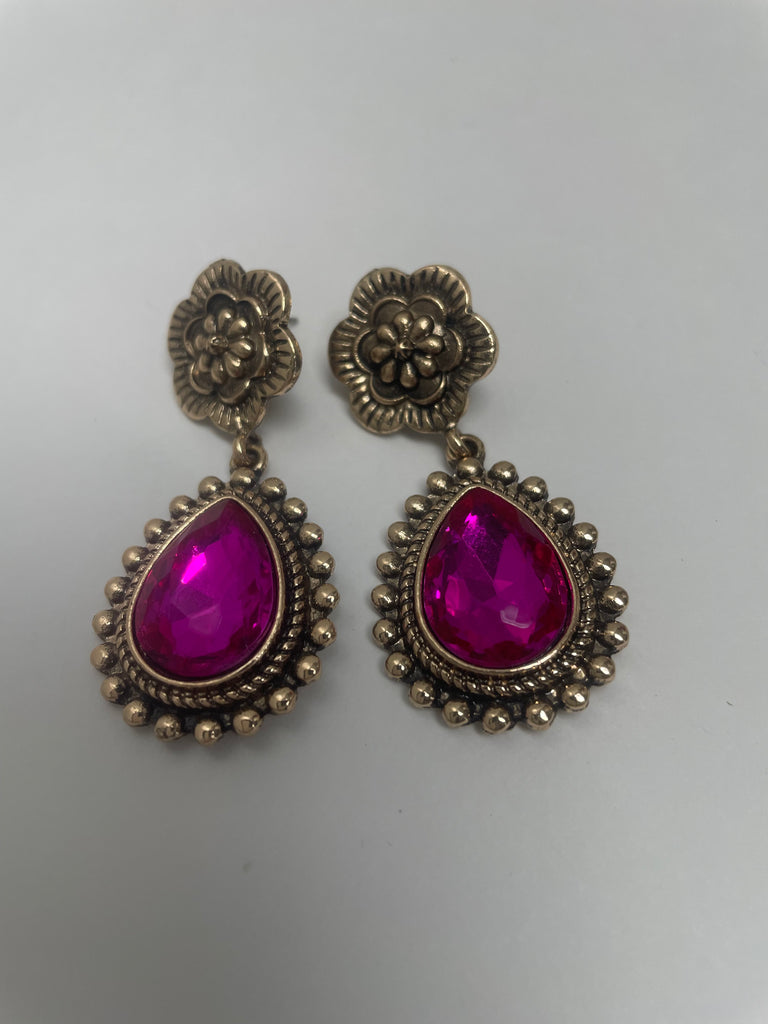 Gold Stud w/Dangle Teardrop Pink Stone Earrings