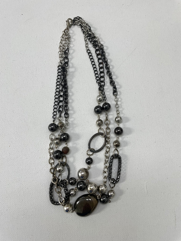 3 Chain Black/Silver Beaded Bid Necklace