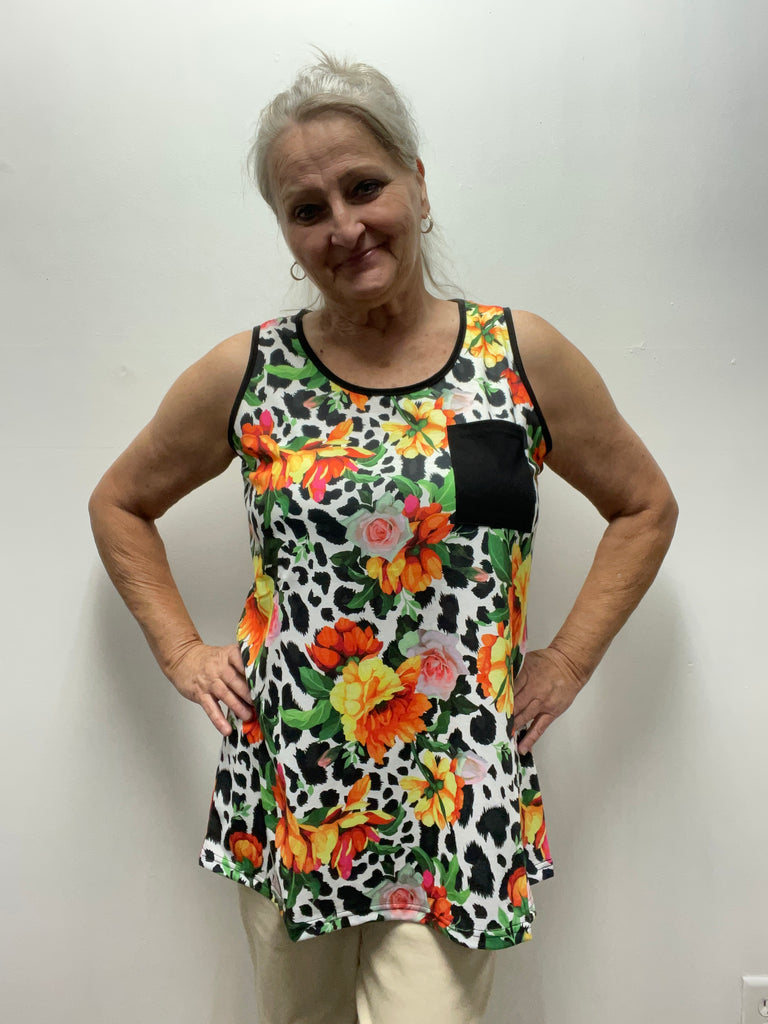 Southern Stitch Sleeveless Floral/Leopard Print w/Black Front Pocket
