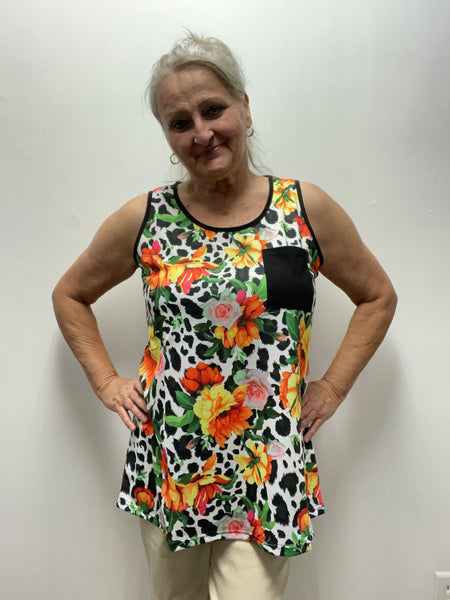 Southern Stitch Sleeveless Floral/Leopard Print w/Black Front Pocket
