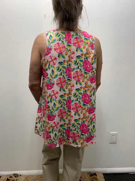 Southern Stitch Sleeveless V-Neck Fuchsia Floral Print