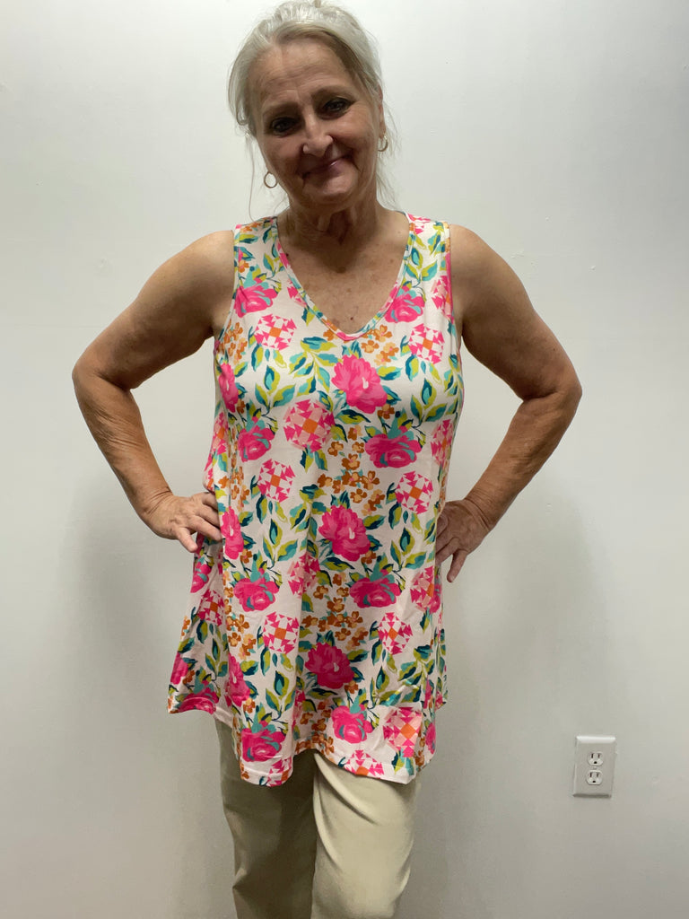 Southern Stitch Sleeveless V-Neck Fuchsia Floral Print