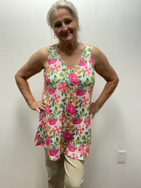 Southern Stitch Sleeveless V-Neck Fuchsia Floral Print