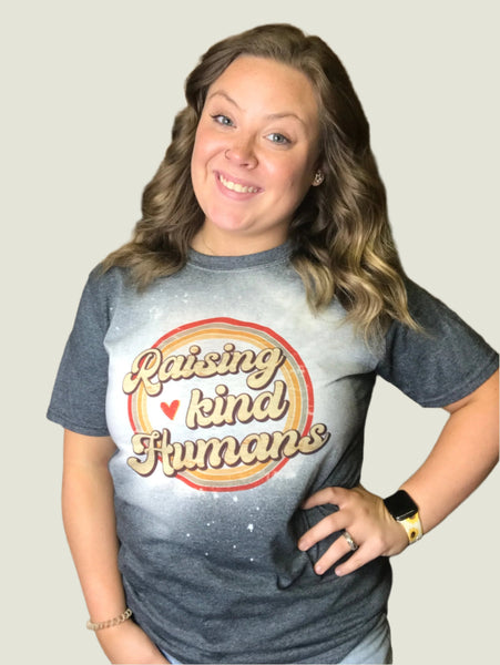 Bleached Colorful Charcoal Grey Shirt with "Raising Kind Humans" on The Front