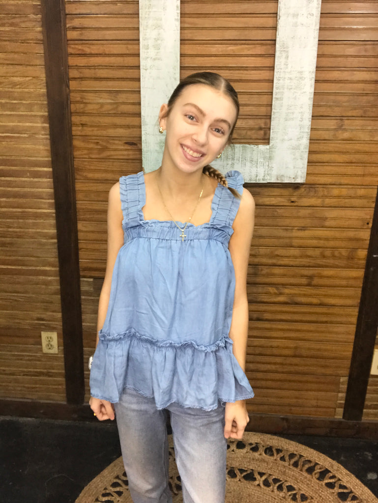 Blue Jean Ruffley tank top