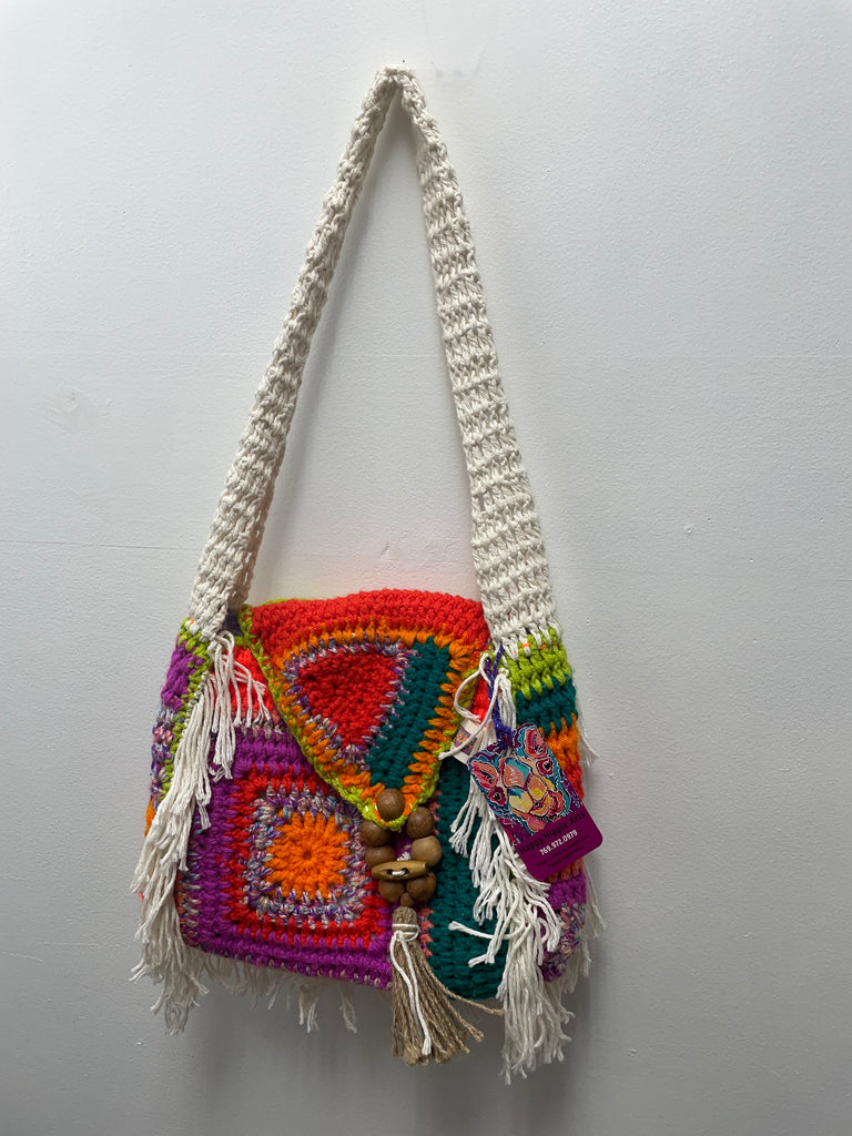 12" Fringe w/Wood Tassel Crochet Purse-multi color-with Strap