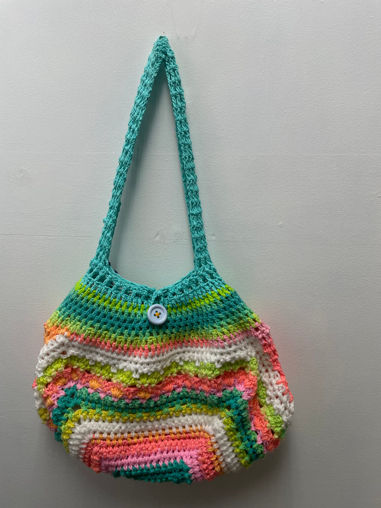18" Rainbow w/Blue Button Crochet Purse-multi color