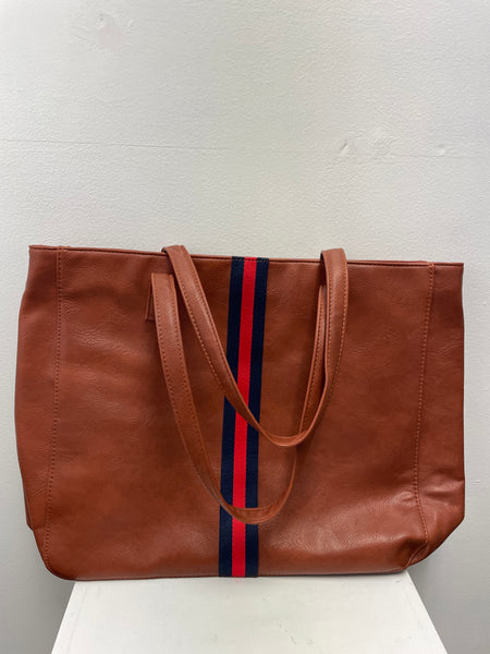 Aspen Lane 18"x13" Tote w/Shoulder Strap-Burnt Orange with Royal/Red Stripe