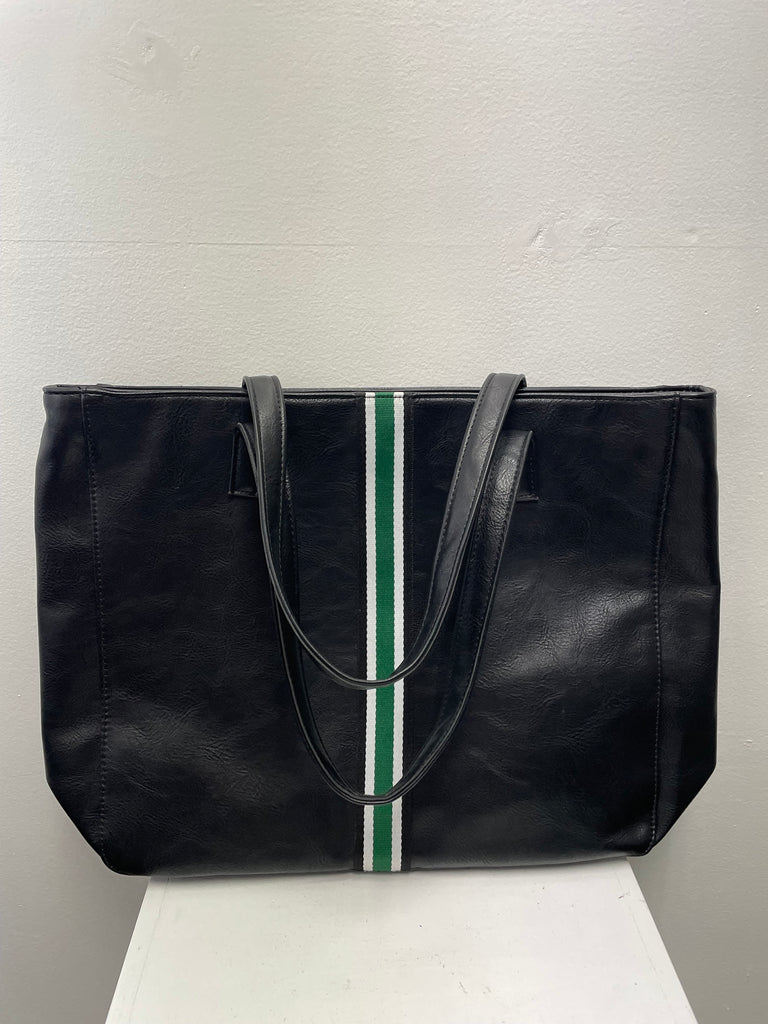 Aspen Lane 18"x13" Tote w/Shoulder Strap-black with white/green stripe