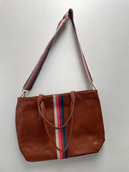 Aspen Lane 18"x13" Tote w/Shoulder Strap-Burnt Orange w/cream/Pink/burgundy/blue stripe