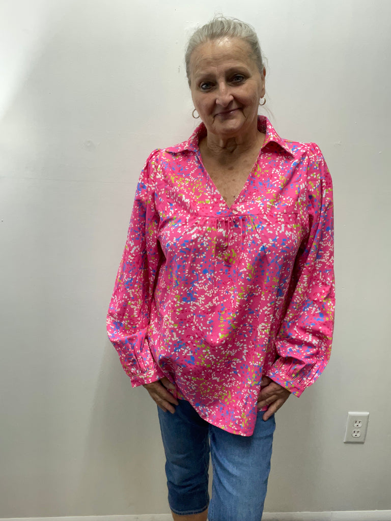 Smock XL V-Neck Specks Pink/blue/green/white Top