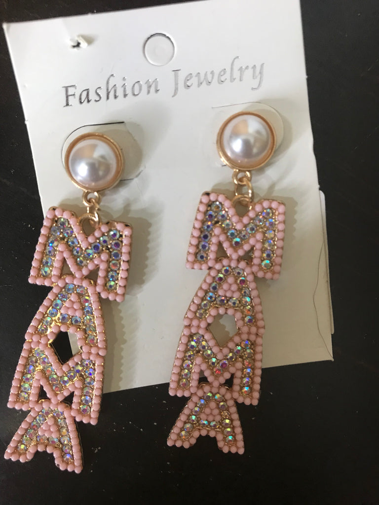 Earrings that say "mama" in pink pearls and rhinestones