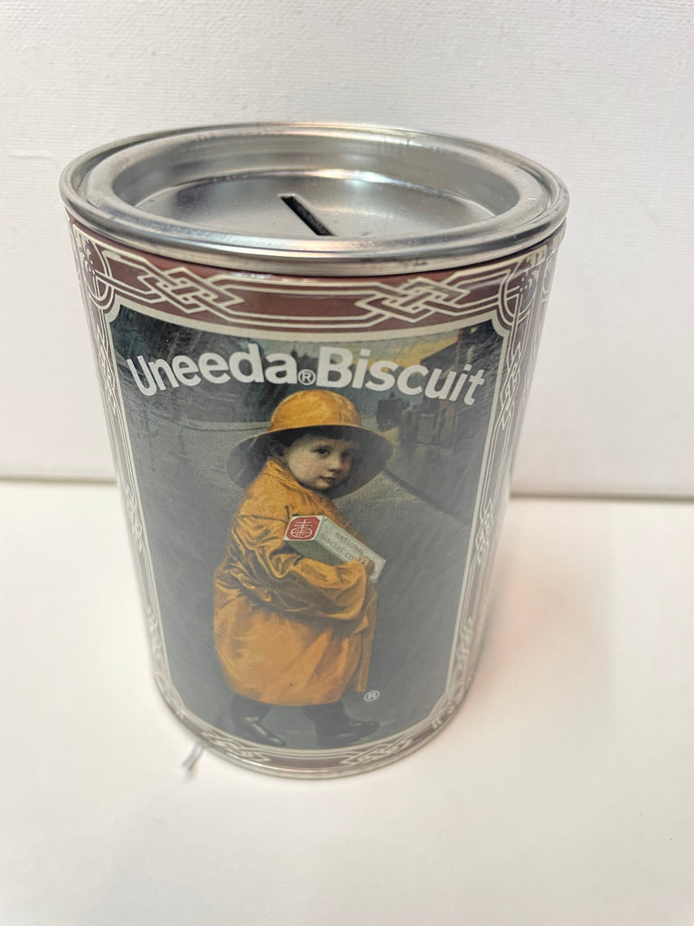 Vintage 1980s Gray/Red/Blue Uneeda Biscuit Bank w/boy in Yellow Raincoat & Hat