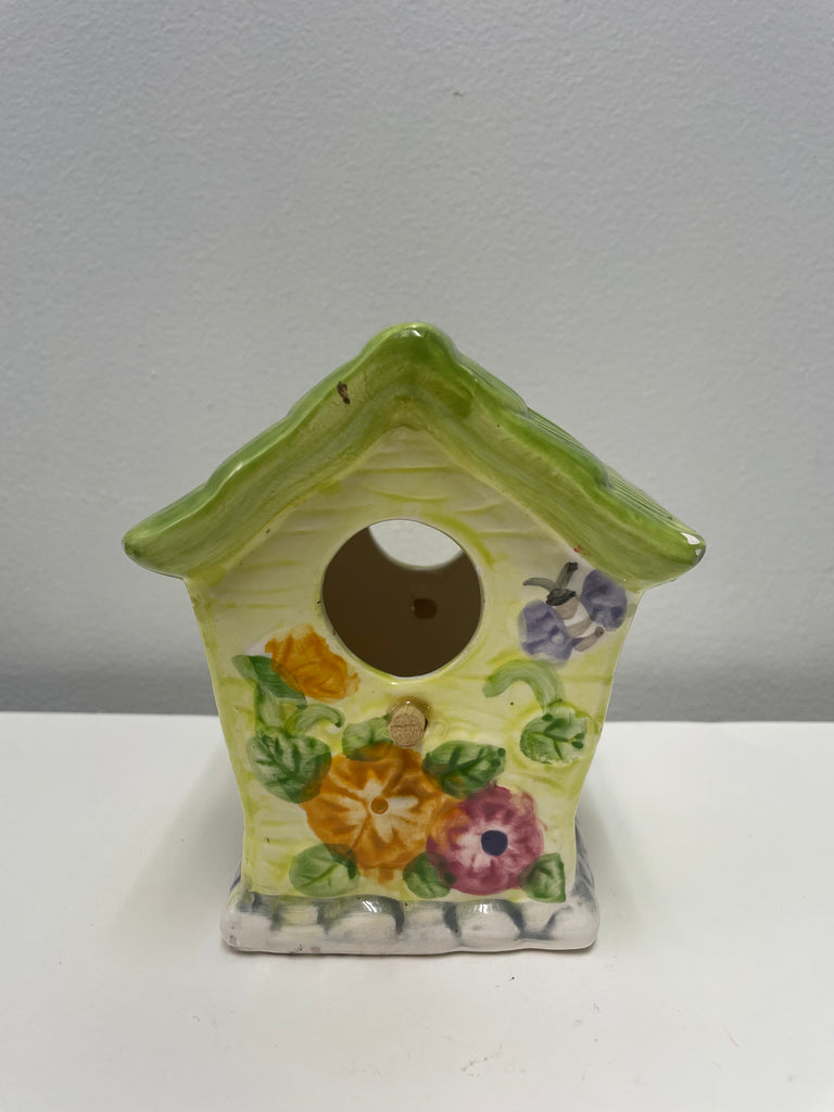 Small Green/Yellow Ceramic Birdhouse w/Flowers & Perch