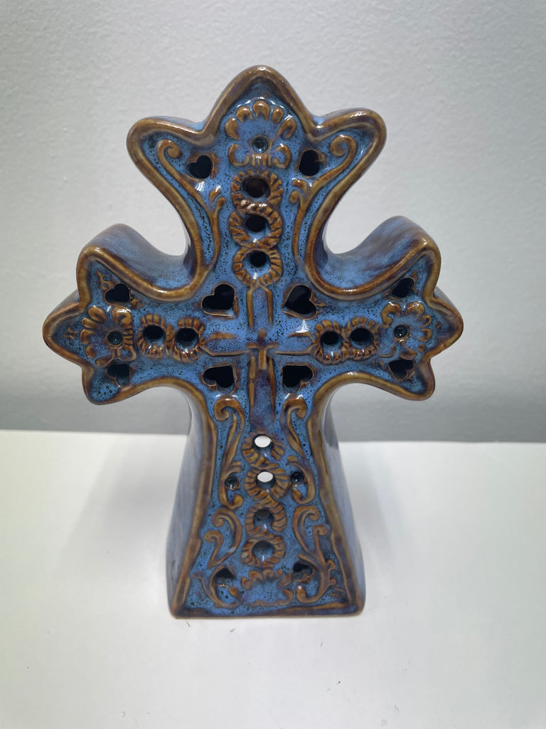 Gold/Blue Ceramic Cross Candle Holder