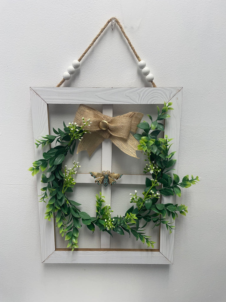 15"x11" White Window Frame w/Green Wreath & Butterfly/with Gold Bow