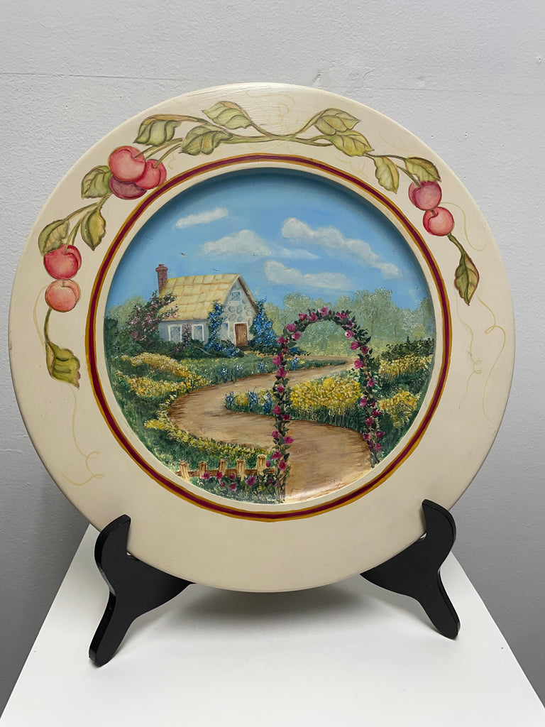 14.25" round Hand Painted Wooden Plate/cottage floral garden