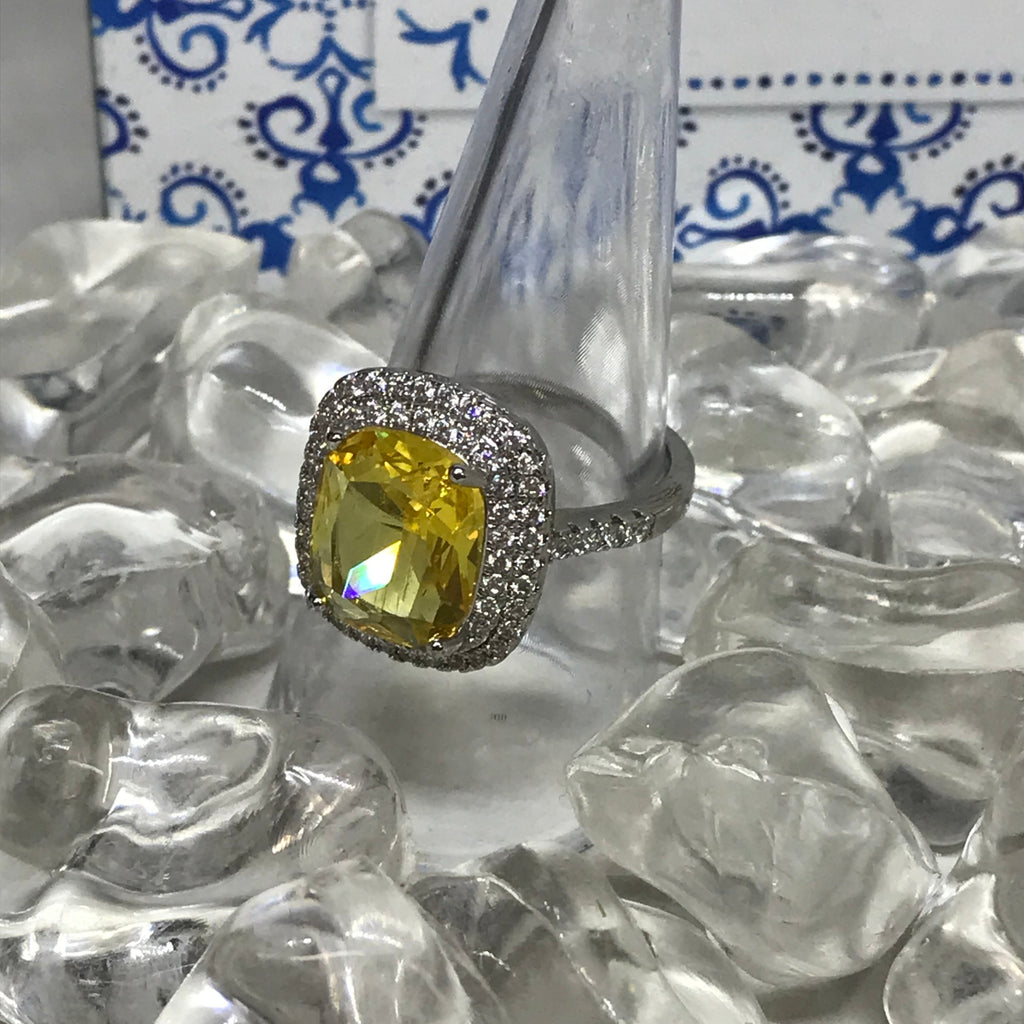 Beautiful Yellow Stone .925 Sterling Silver Cubic Zirconia Ring-8&9