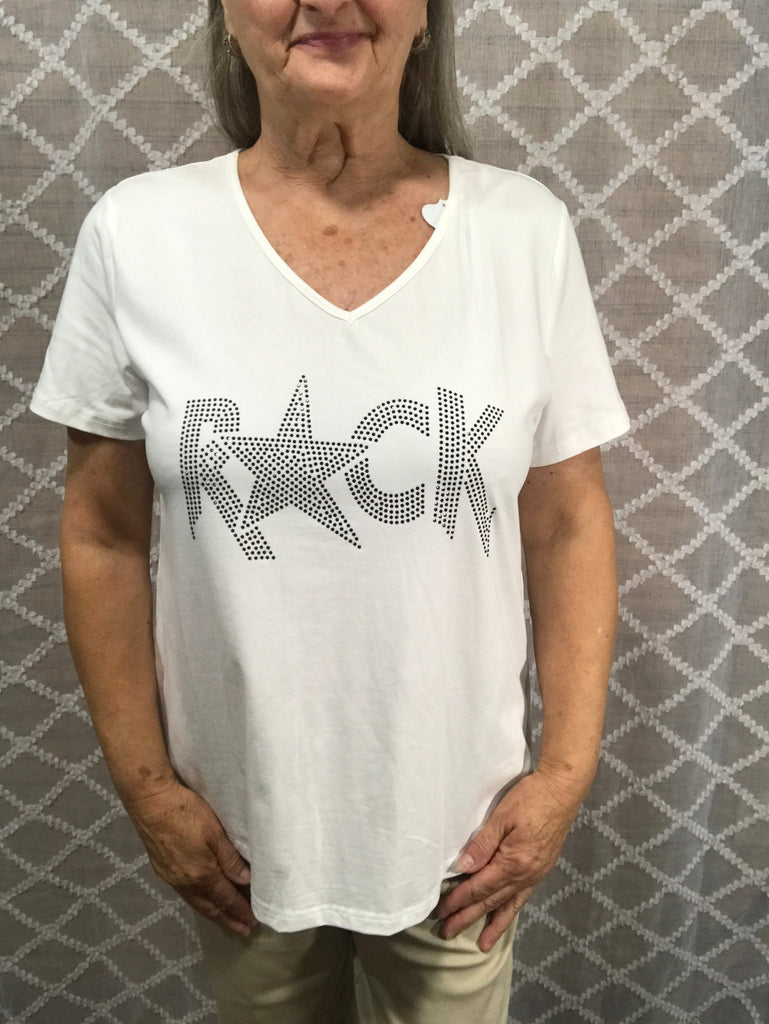 White T-Shirt with "Rock" studded onto the shirt and a star replaced the letter O