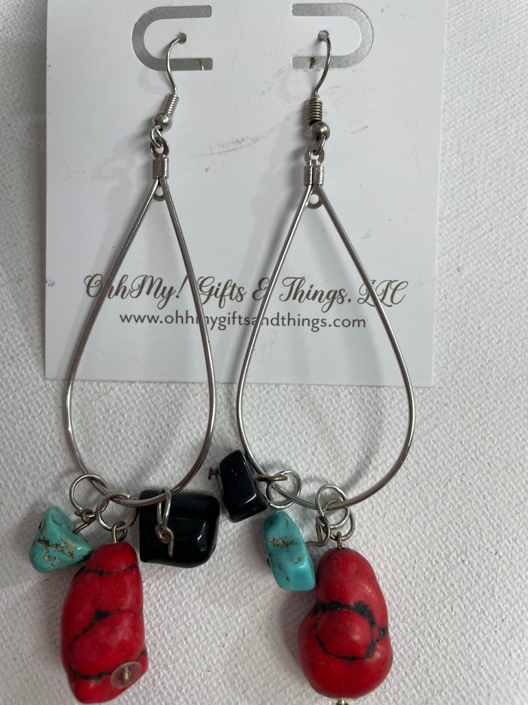 Long Silver Teardrop w/Teal/Black/Rust Rock Earrings