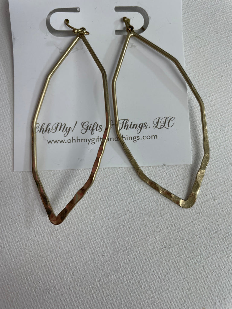 A pair of hammered gold abstract hoop earrings displayed on an OhhMy! Gifts and Things, LLC branded card, with a textured white background