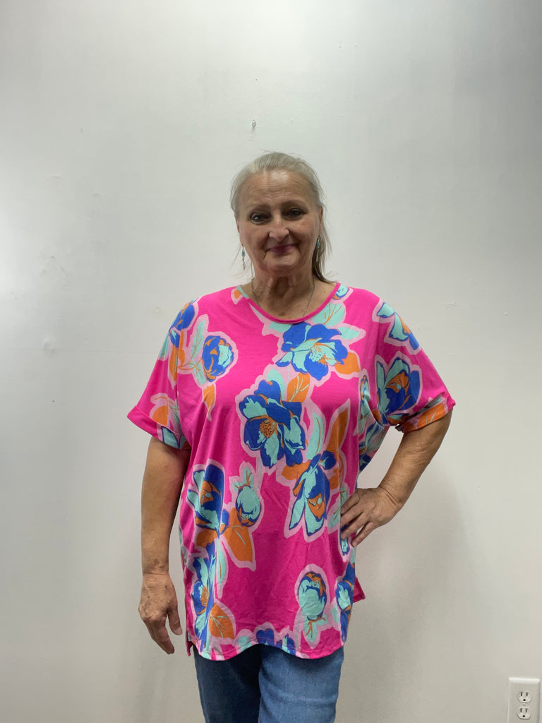 Small Pink Floral Top w/Cuff Sleeve