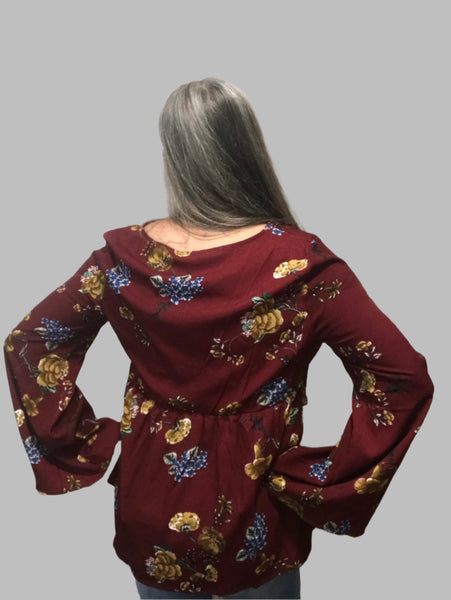 Burgundy Bell Sleeve Floral Top OhhMy! Gifts and Things, LLC