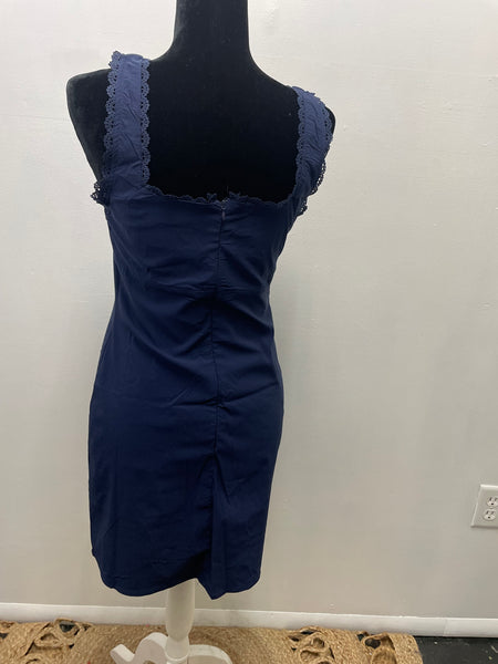 The Workshop Sleeveless Navy Dress Lace trimmed Neck & Chest