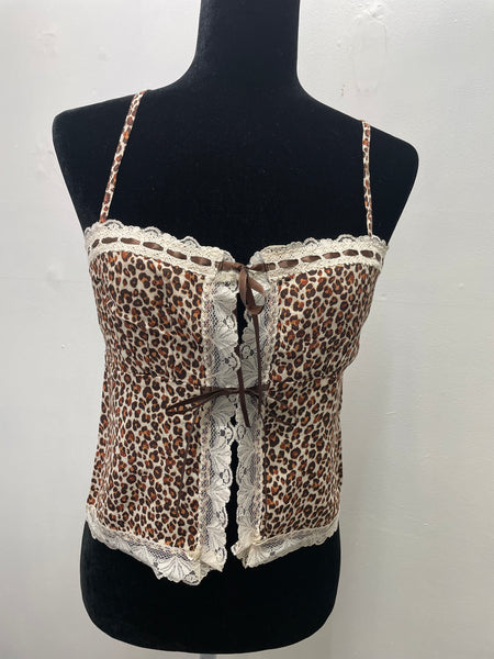 The Workshop Spaghetti Strap Lace Up w/Tie Brown/White Cheetah Tank