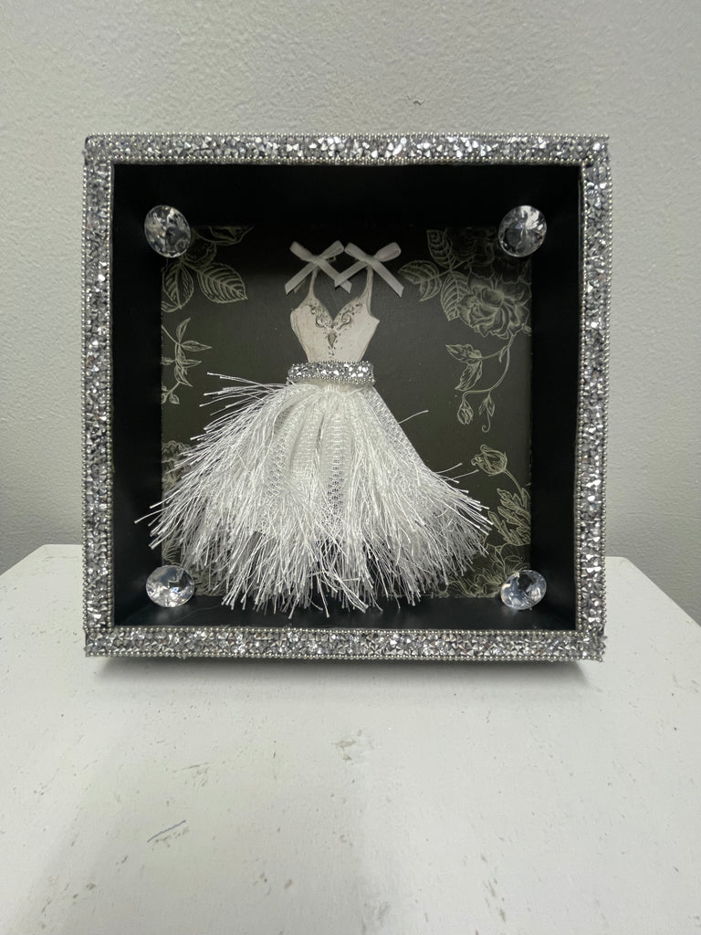 Black Frame w/white dress w/rhinestones on frame home decor
