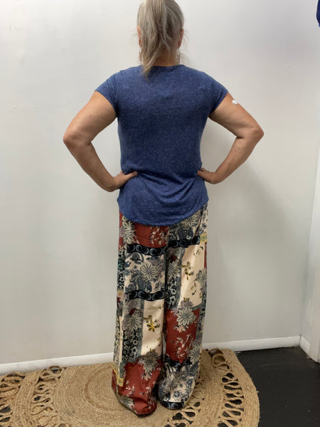 Wide Leg Elastic Waist Pants-Blue & Rust Cream